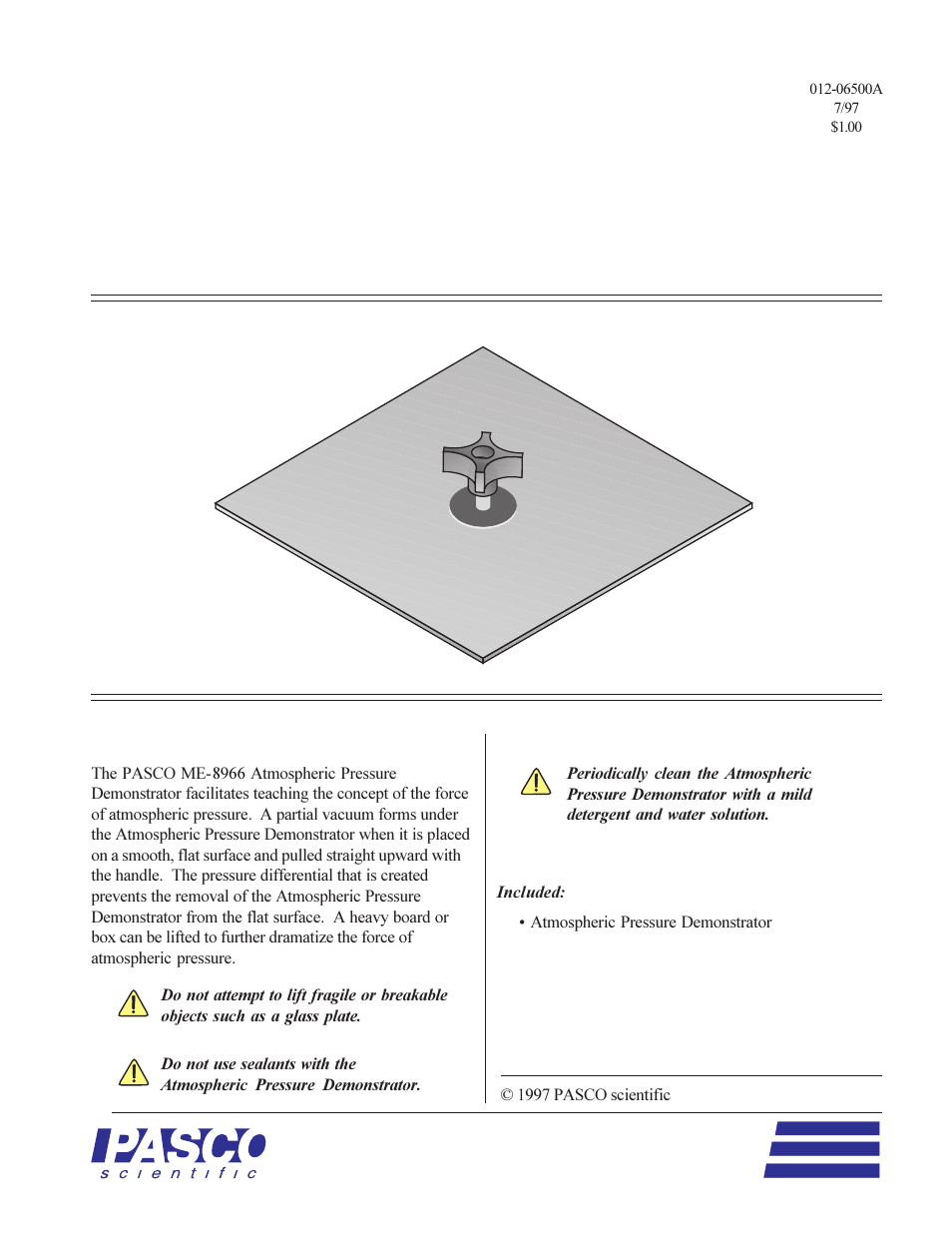 PASCO ME-8966 ATMOSPHERIC PRESSURE DEMONSTRATOR User Manual | 2 pages