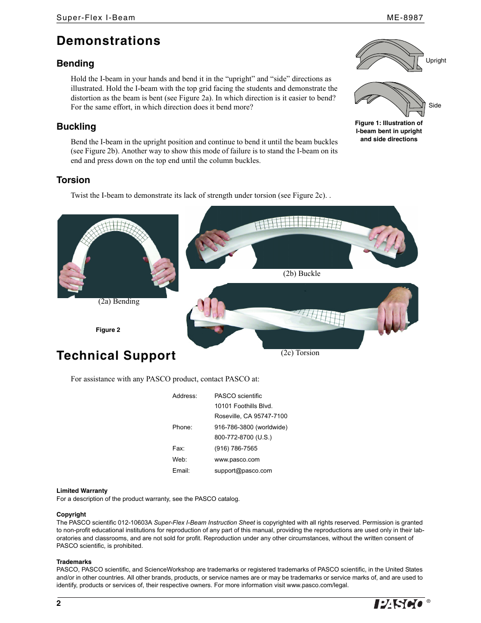 Demonstrations, Technical support, Limited warranty | Copyright, Trademarks, Bending, Buckling, Torsion | PASCO ME-8987 Super-Flex I-Beam User Manual | Page 2 / 2