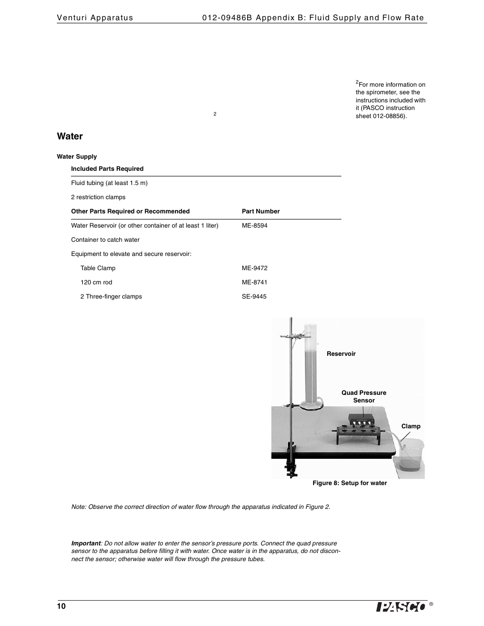 Water | PASCO ME-8598 Venturi Apparatus User Manual | Page 10 / 16