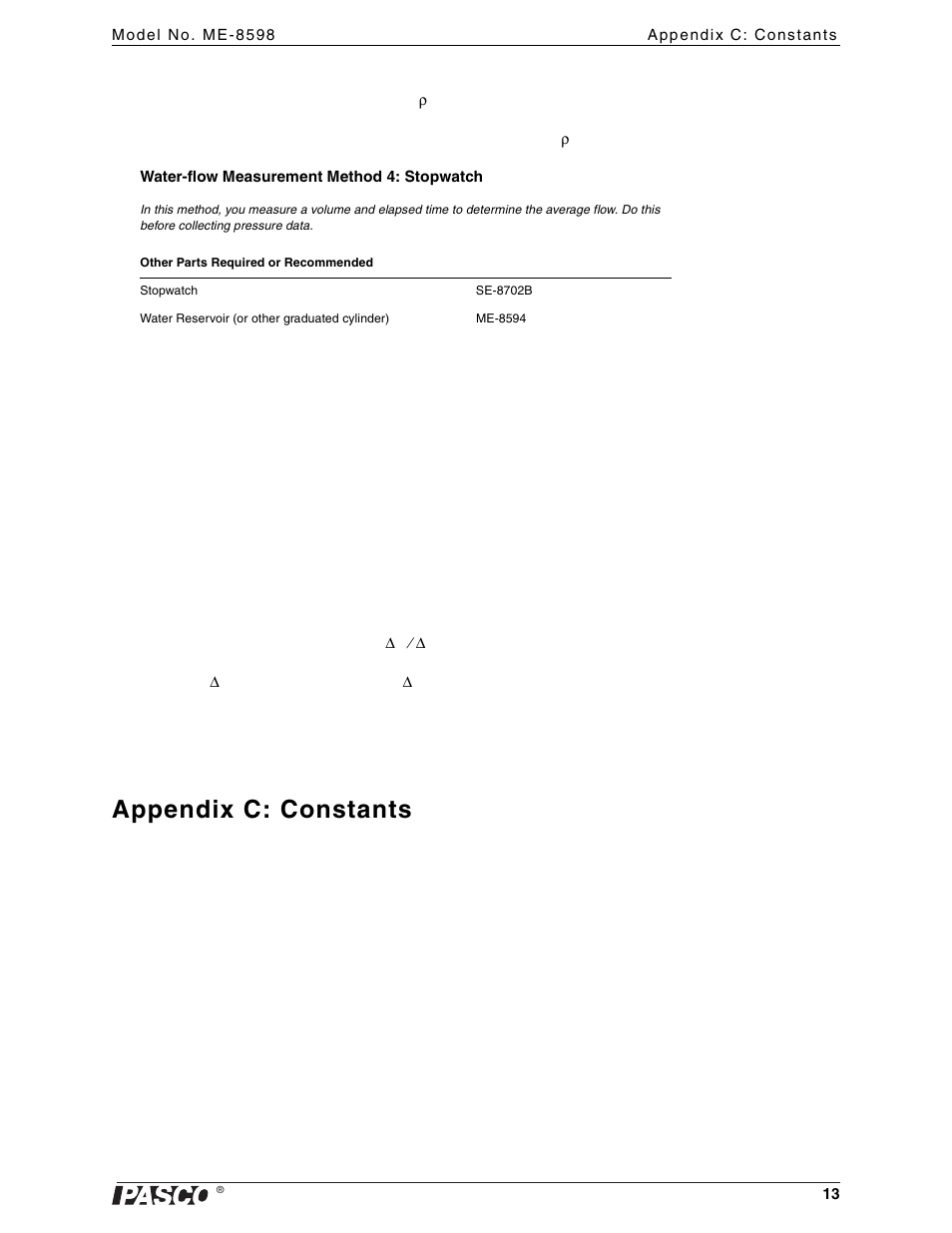 Appendix c: constants | PASCO ME-8598 Venturi Apparatus User Manual | Page 13 / 16