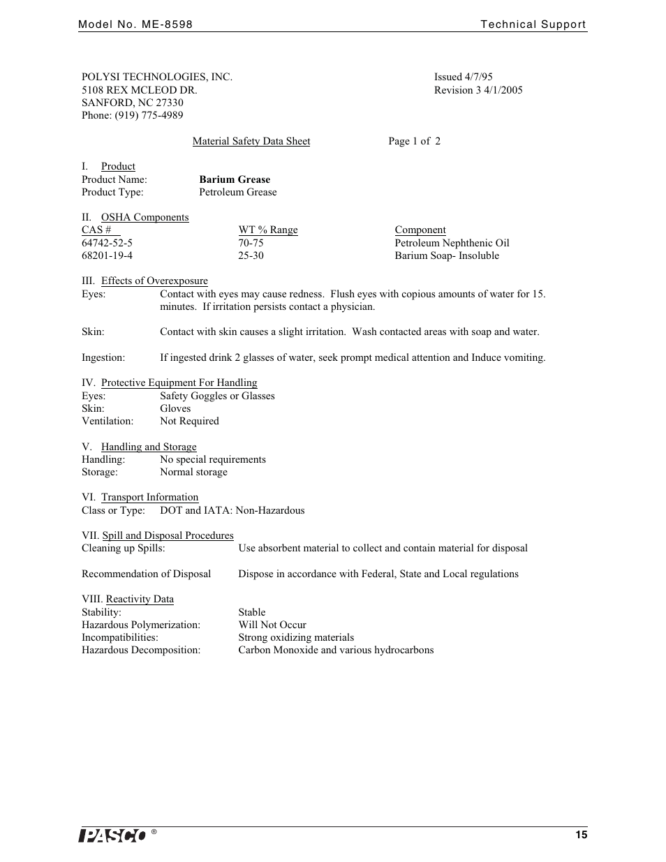 PASCO ME-8598 Venturi Apparatus User Manual | Page 15 / 16