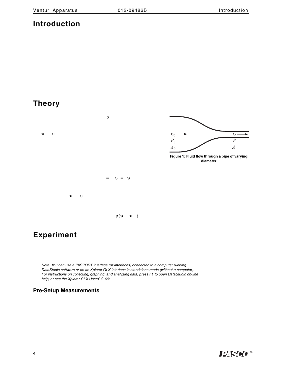 Introduction, Theory, Experiment | Pre-setup measurements | PASCO ME-8598 Venturi Apparatus User Manual | Page 4 / 16