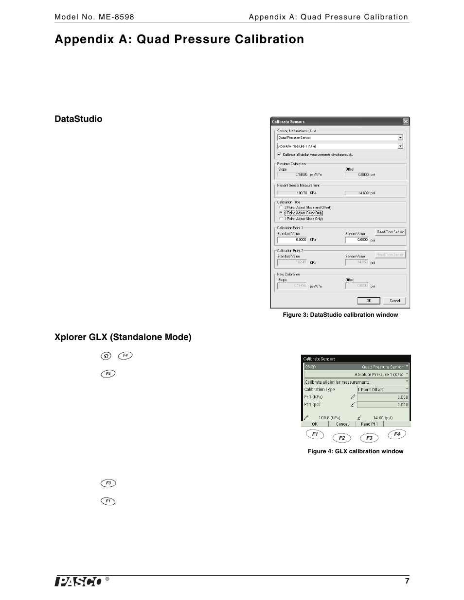 Datastudio, Xplorer glx (standalone mode), Appendix a: quad pressure calibration | PASCO ME-8598 Venturi Apparatus User Manual | Page 7 / 16