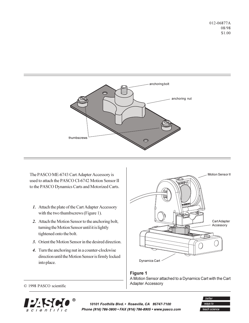 PASCO ME-6743 CART ADAPTER ACCESSORY User Manual | 2 pages