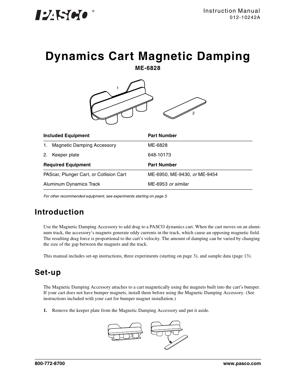 PASCO ME-6828 Dynamics Cart Magnetic Damping User Manual | 15 pages