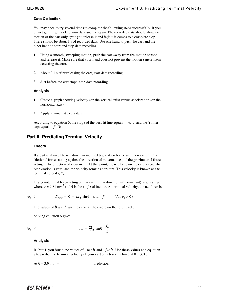 Part ii: predicting terminal velocity | PASCO ME-6828 Dynamics Cart Magnetic Damping User Manual | Page 11 / 15