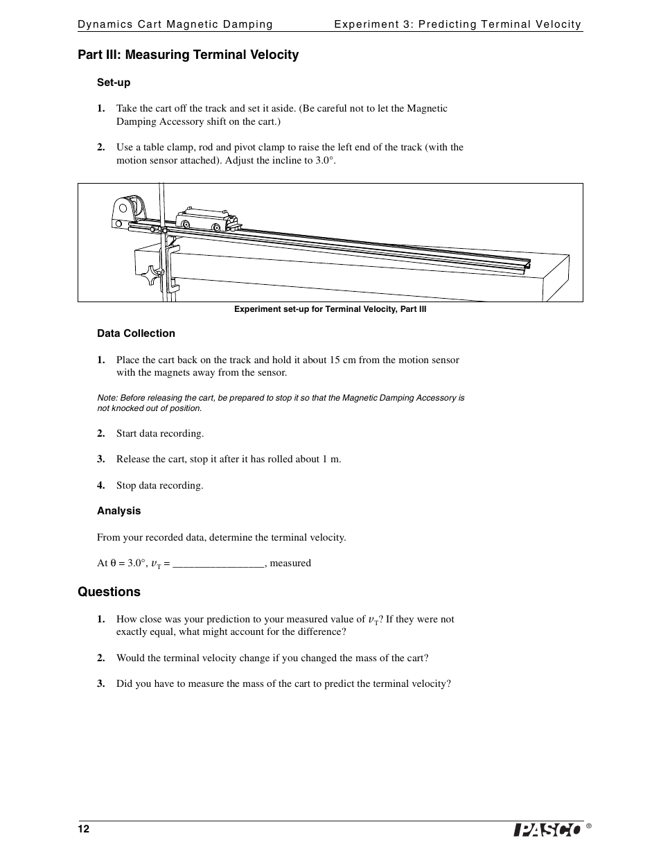 Part iii: measuring terminal velocity, Questions | PASCO ME-6828 Dynamics Cart Magnetic Damping User Manual | Page 12 / 15