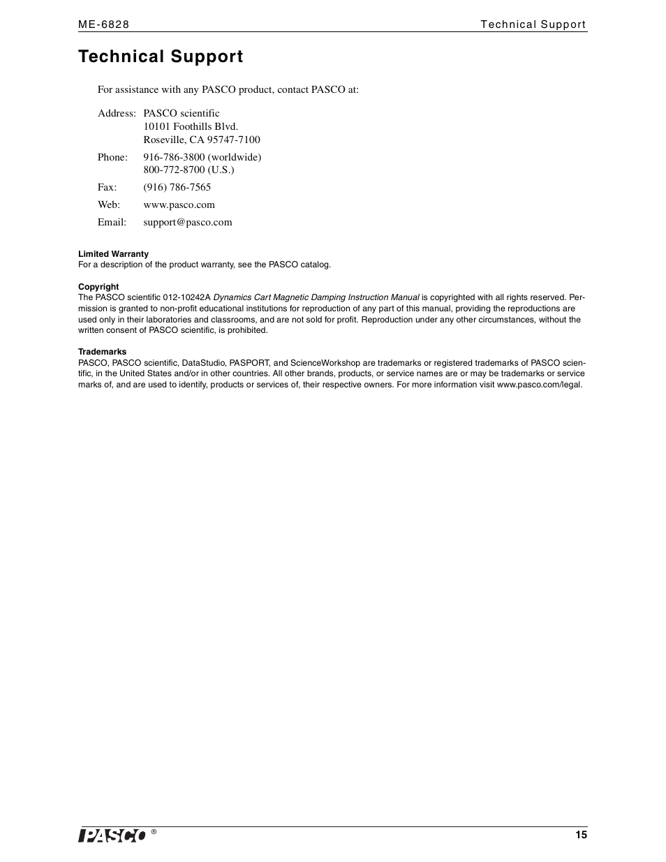 Technical support | PASCO ME-6828 Dynamics Cart Magnetic Damping User Manual | Page 15 / 15