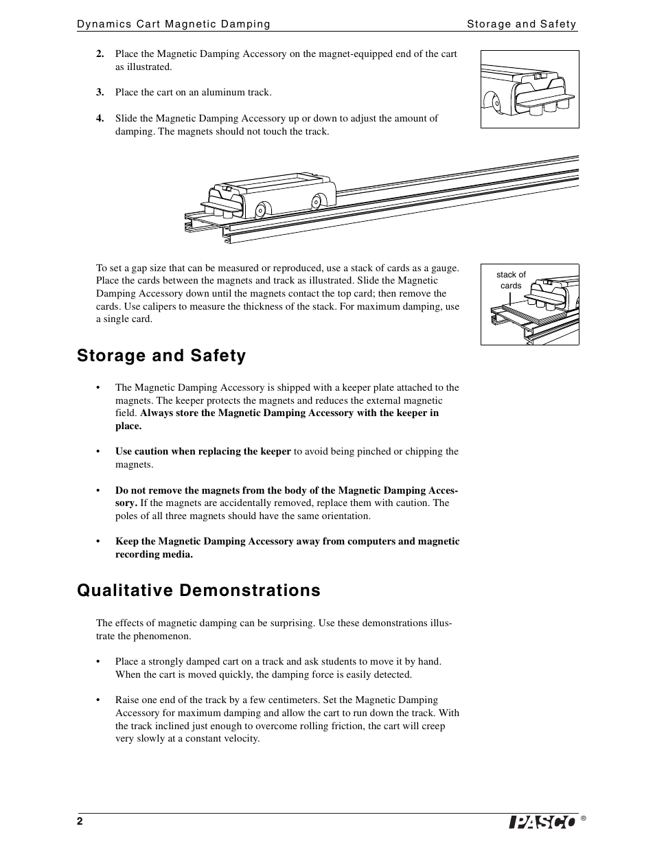 Storage and safety, Qualitative demonstrations | PASCO ME-6828 Dynamics Cart Magnetic Damping User Manual | Page 2 / 15