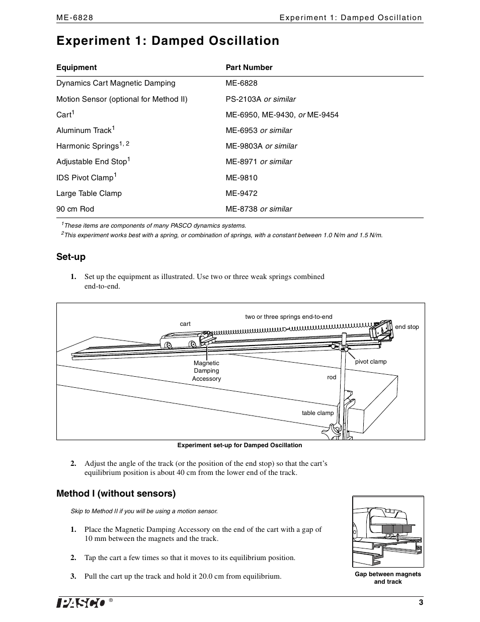 Experiment 1: damped oscillation, Set-up, Method i (without sensors) | PASCO ME-6828 Dynamics Cart Magnetic Damping User Manual | Page 3 / 15