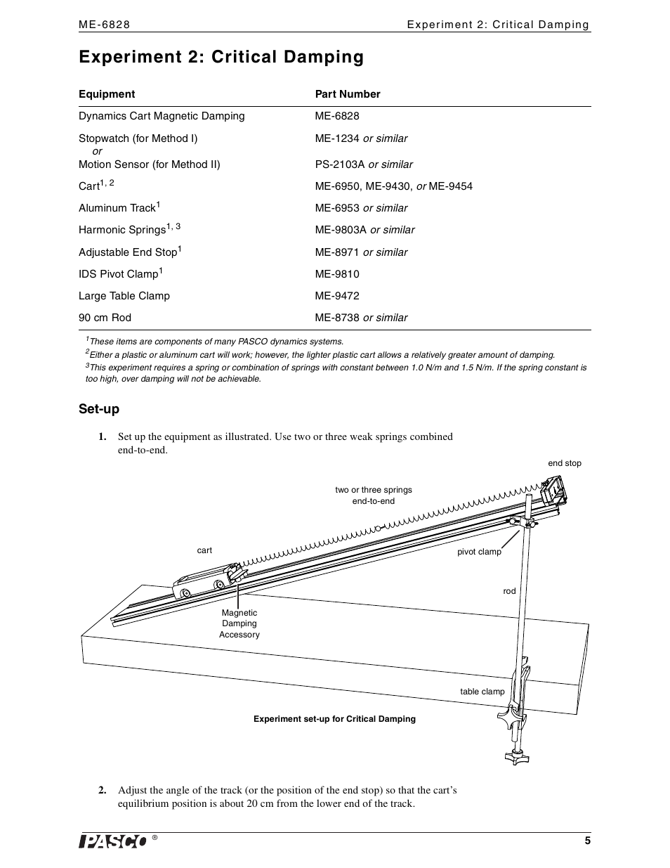 Experiment 2: critical damping, Set-up | PASCO ME-6828 Dynamics Cart Magnetic Damping User Manual | Page 5 / 15