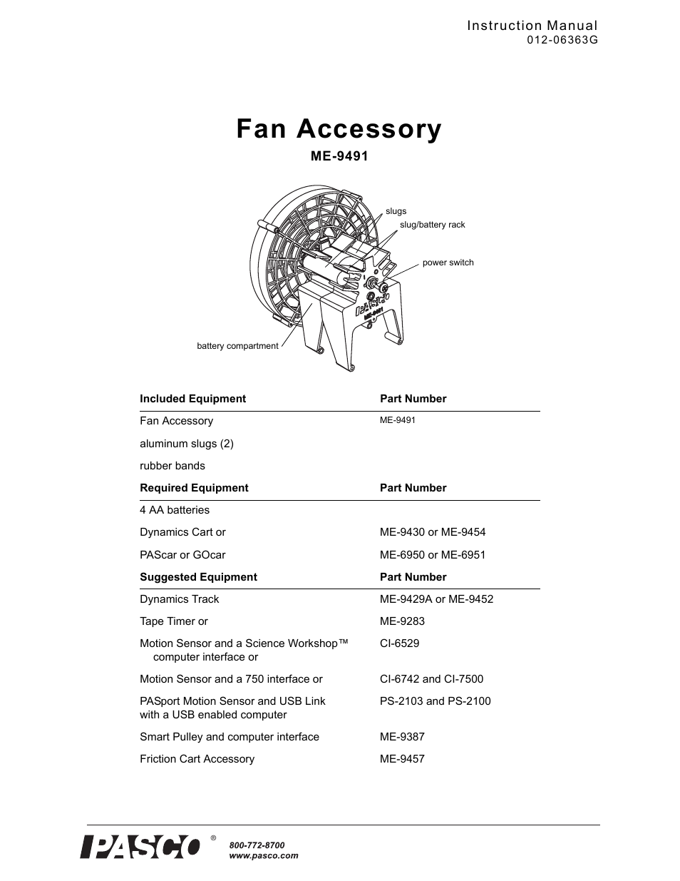 PASCO ME-9491 Fan Accessory User Manual | 4 pages