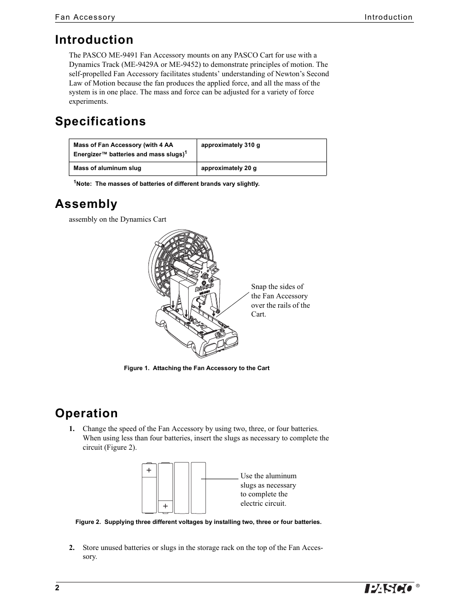 Introduction, Specifications assembly, Operation | PASCO ME-9491 Fan Accessory User Manual | Page 2 / 4