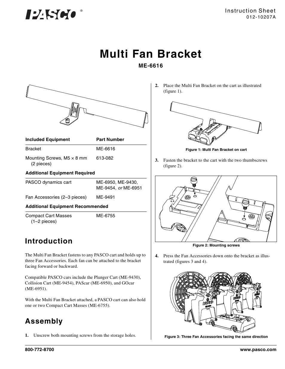 PASCO ME-6616 Multi Fan Bracket User Manual | 2 pages