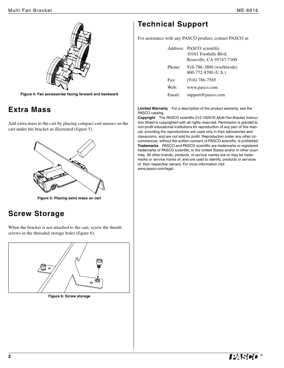 Extra mass, Screw storage, Technical support | PASCO ME-6616 Multi Fan Bracket User Manual | Page 2 / 2