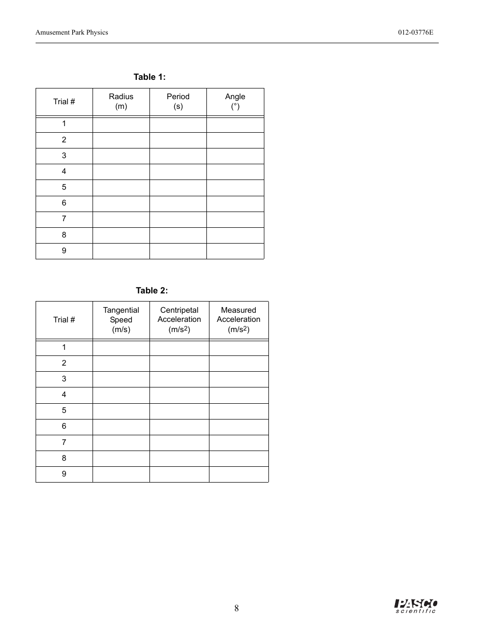 Table 1, Table 2 | PASCO ME-9426A AMUSEMENT PARK PHYSICS User Manual | Page 12 / 18