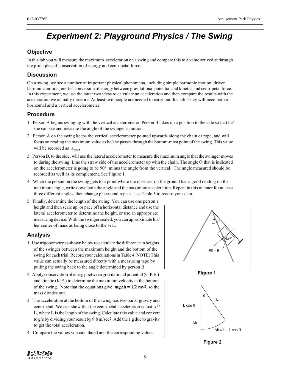 Experiment 2: playground physics / the swing, Figure 1, Figure 2 | L cos q, Dh = l - l cos q | PASCO ME-9426A AMUSEMENT PARK PHYSICS User Manual | Page 13 / 18