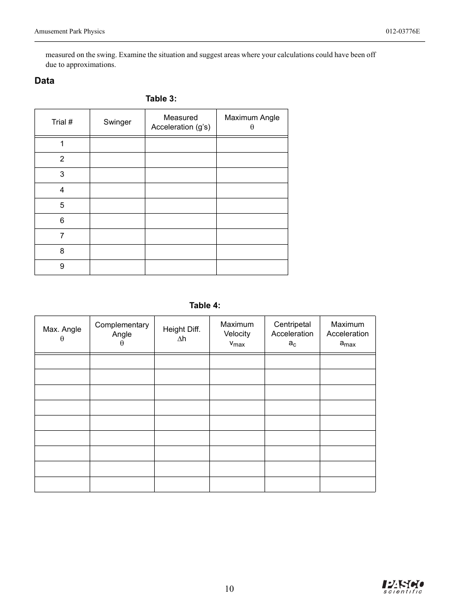 Table 3, Table 4 | PASCO ME-9426A AMUSEMENT PARK PHYSICS User Manual | Page 14 / 18