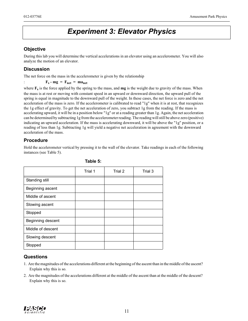 Table 5, Experiment 3: elevator physics | PASCO ME-9426A AMUSEMENT PARK PHYSICS User Manual | Page 15 / 18