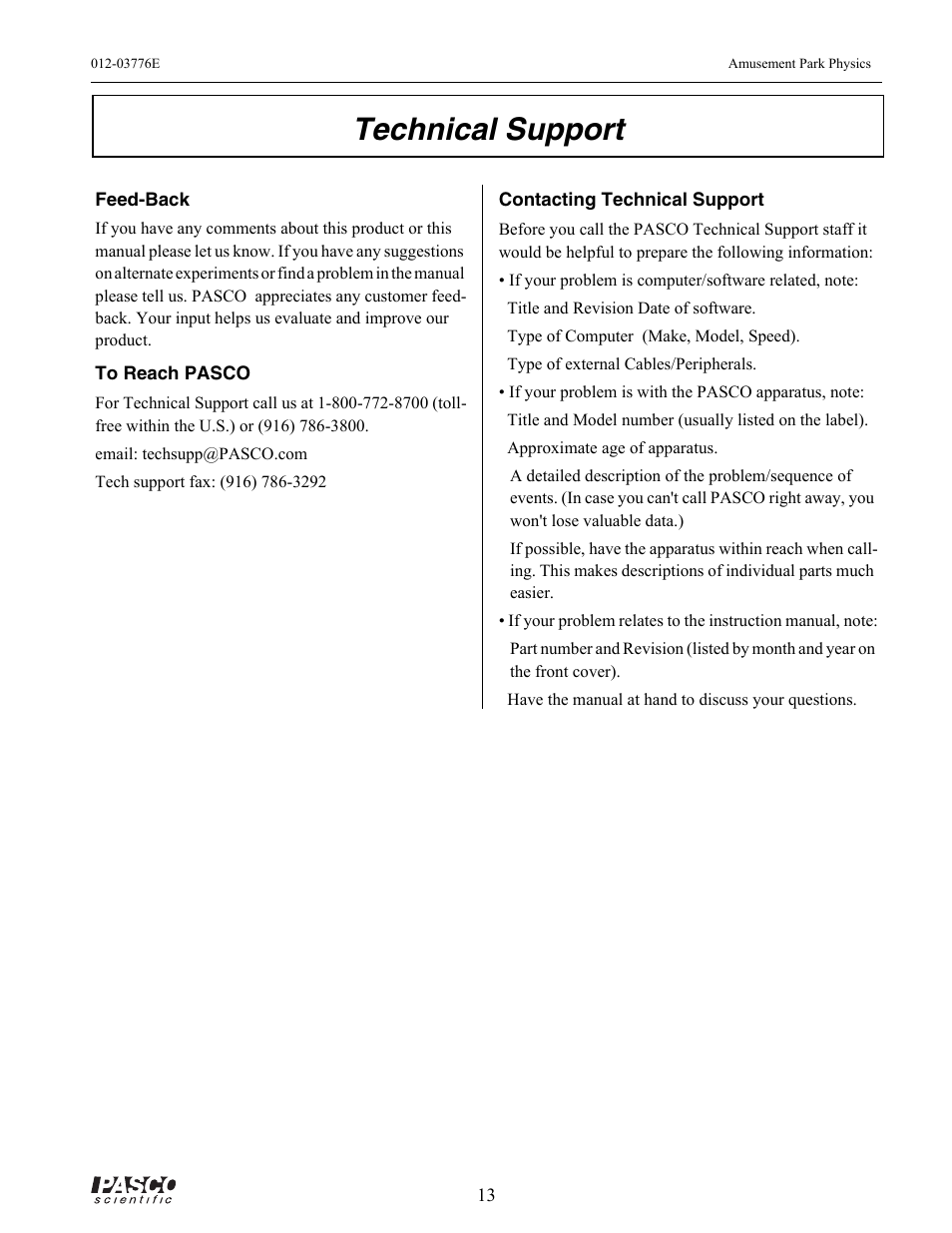 Technical support | PASCO ME-9426A AMUSEMENT PARK PHYSICS User Manual | Page 17 / 18