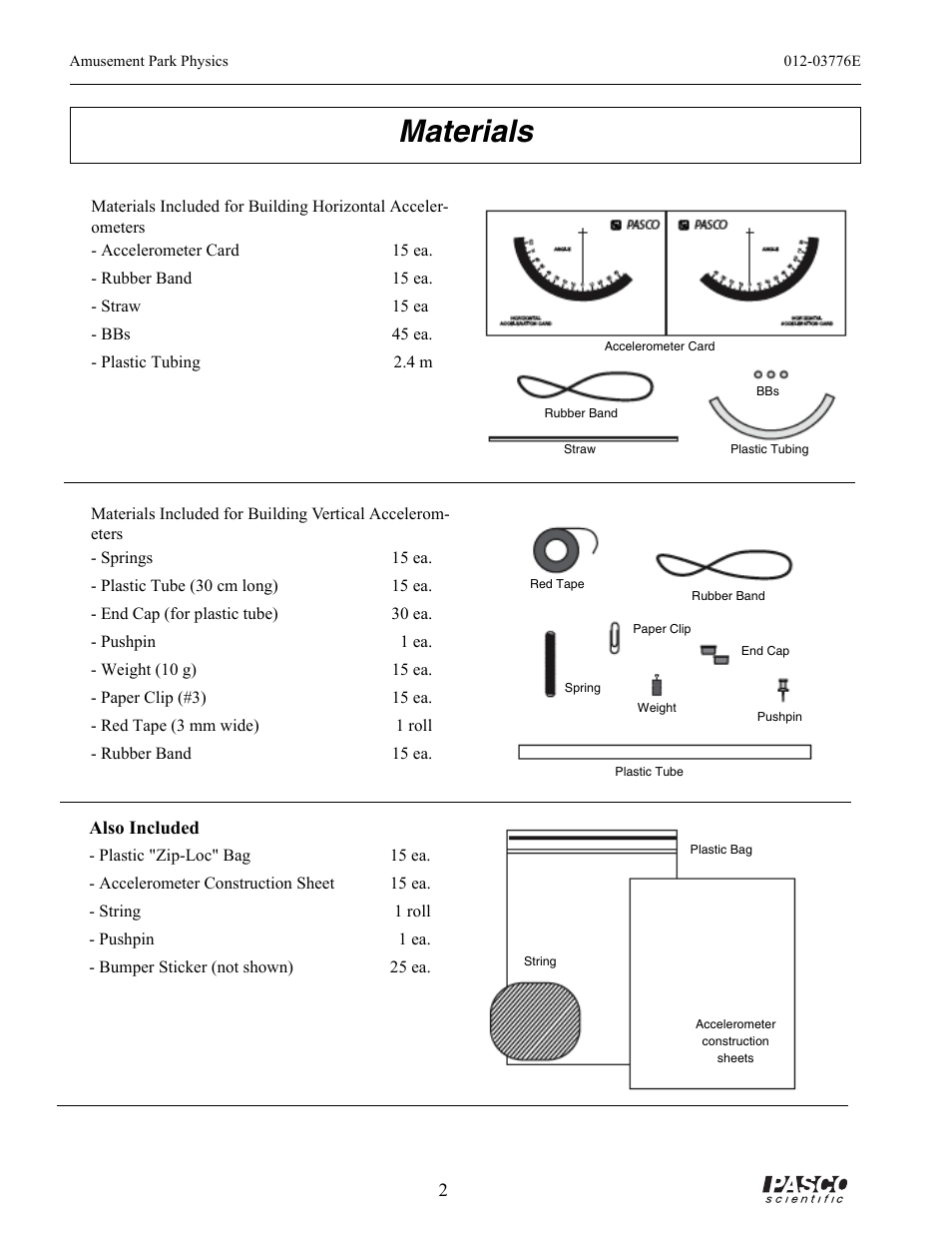 Materials, Rubber band, Spring | Plastic tube, Red tape, Paper clip, End cap, Plastic bag, Plastic tubing, Pushpin | PASCO ME-9426A AMUSEMENT PARK PHYSICS User Manual | Page 6 / 18