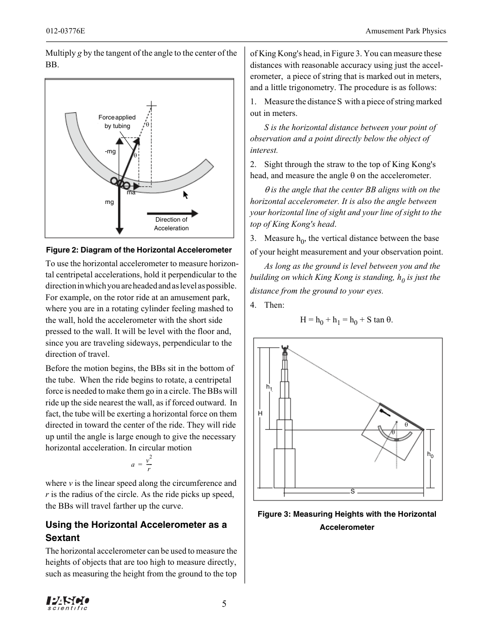 Figure 2: diagram of the horizontal accelerometer, Direction of acceleration, Force applied by tubing | PASCO ME-9426A AMUSEMENT PARK PHYSICS User Manual | Page 9 / 18