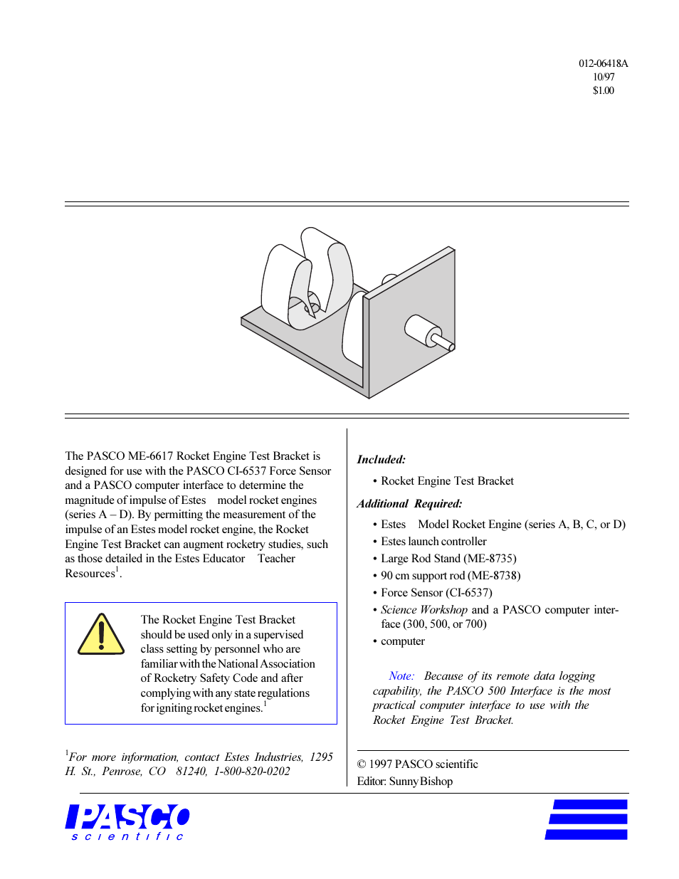 PASCO ME-6617 ROCKET ENGINE TEST BRACKET User Manual | 4 pages