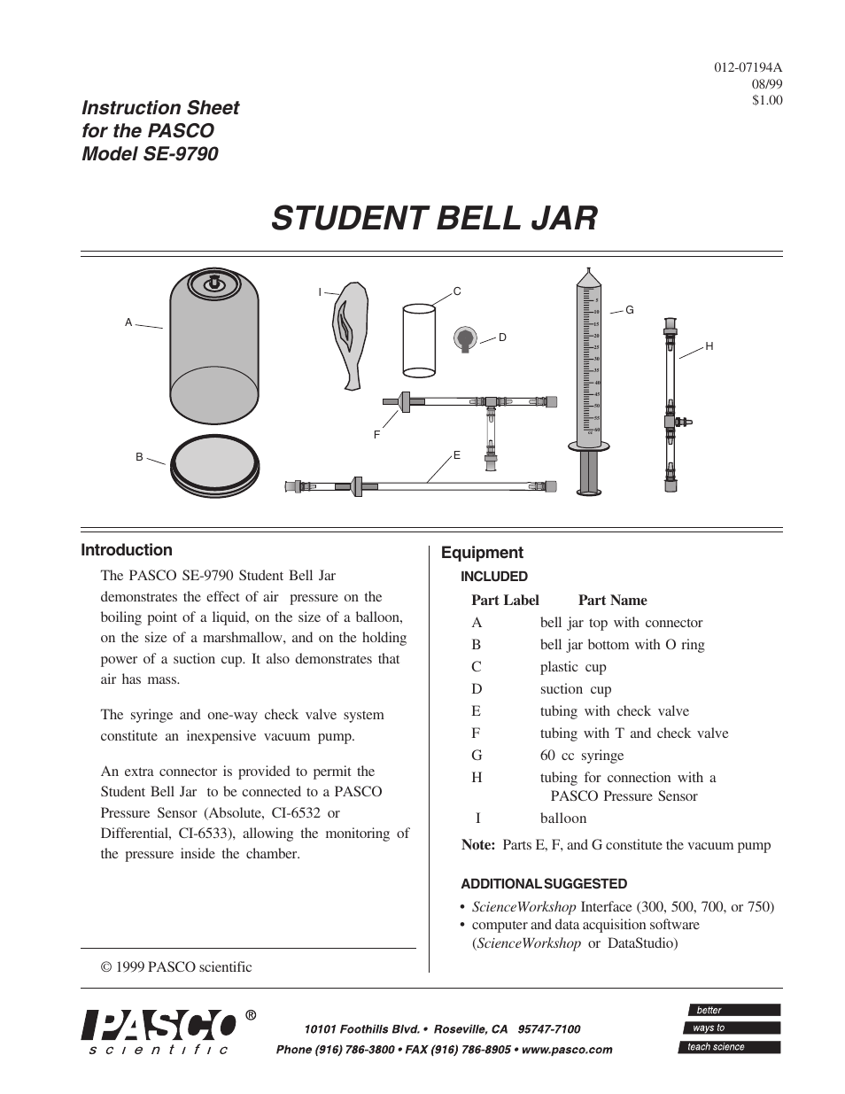 PASCO SE-9790 STUDENT BELL JAR User Manual | 4 pages