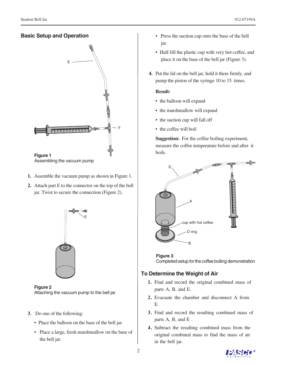 Basic setup and operation, Figure 1 assembling the vacuum pump, Figure 2 attaching the vacuum pump to the bell jar | PASCO SE-9790 STUDENT BELL JAR User Manual | Page 2 / 4