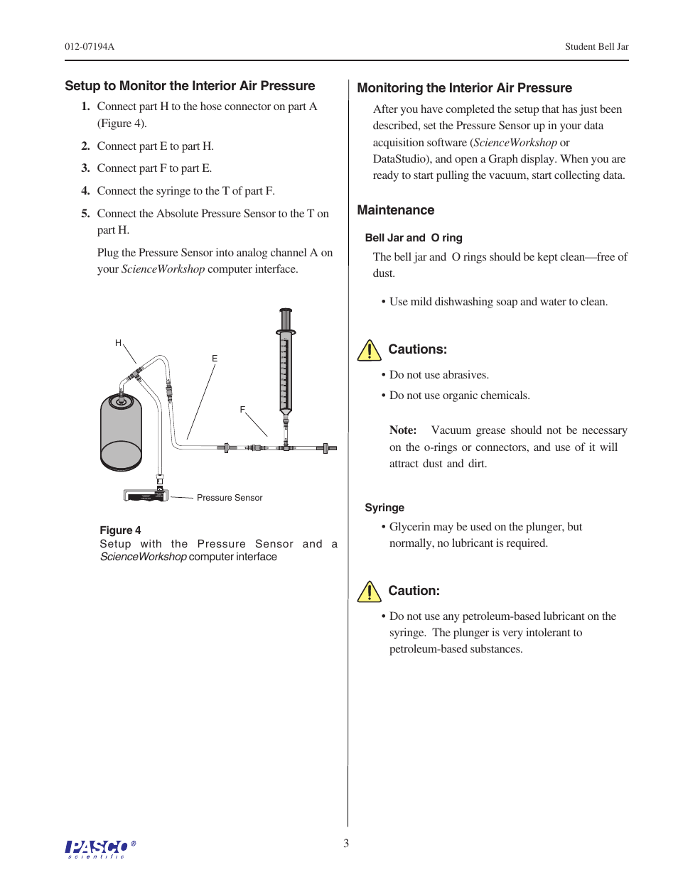 Setup to monitor the interior air pressure, Monitoring the interior air pressure, Cautions | Caution, Maintenance | PASCO SE-9790 STUDENT BELL JAR User Manual | Page 3 / 4
