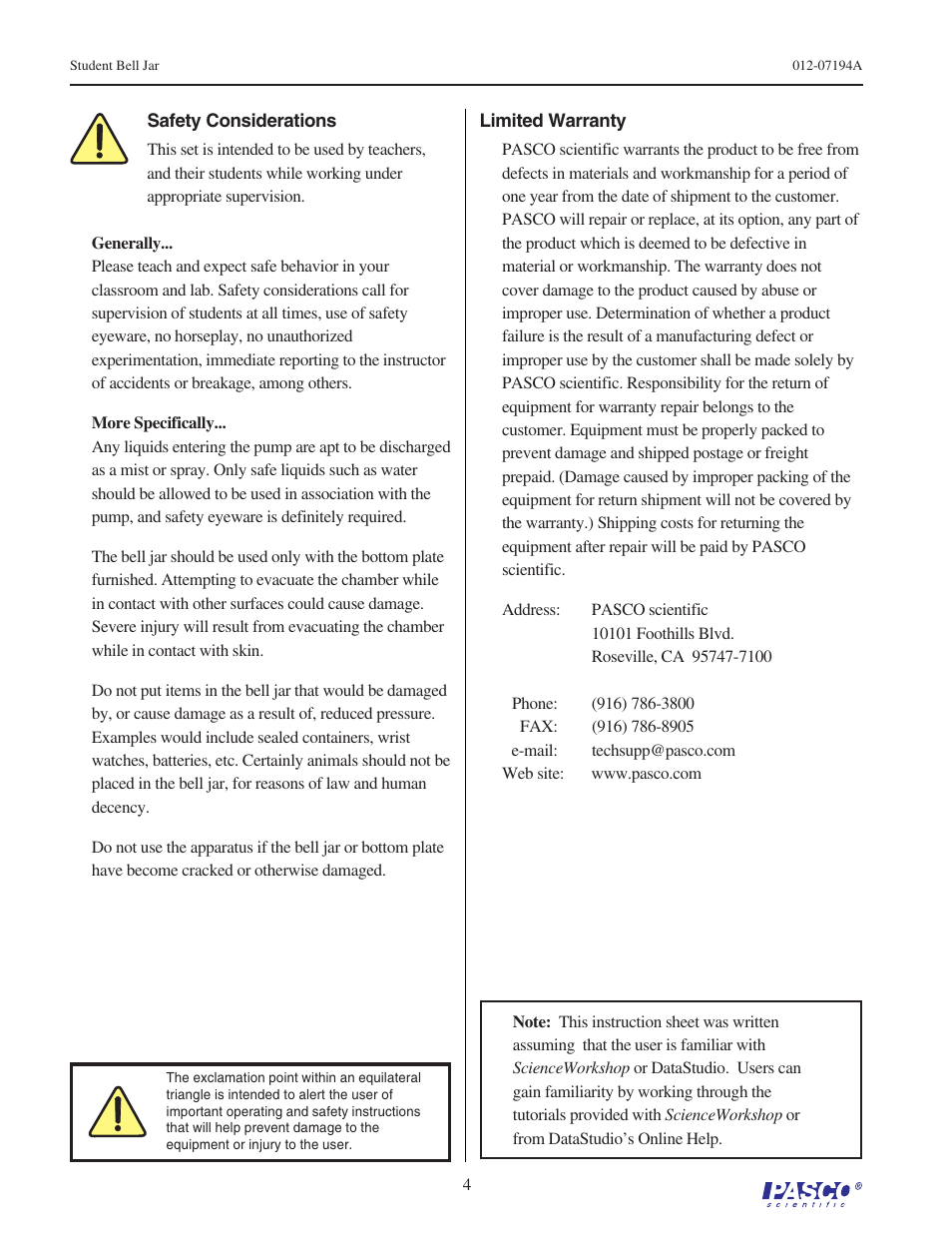 PASCO SE-9790 STUDENT BELL JAR User Manual | Page 4 / 4