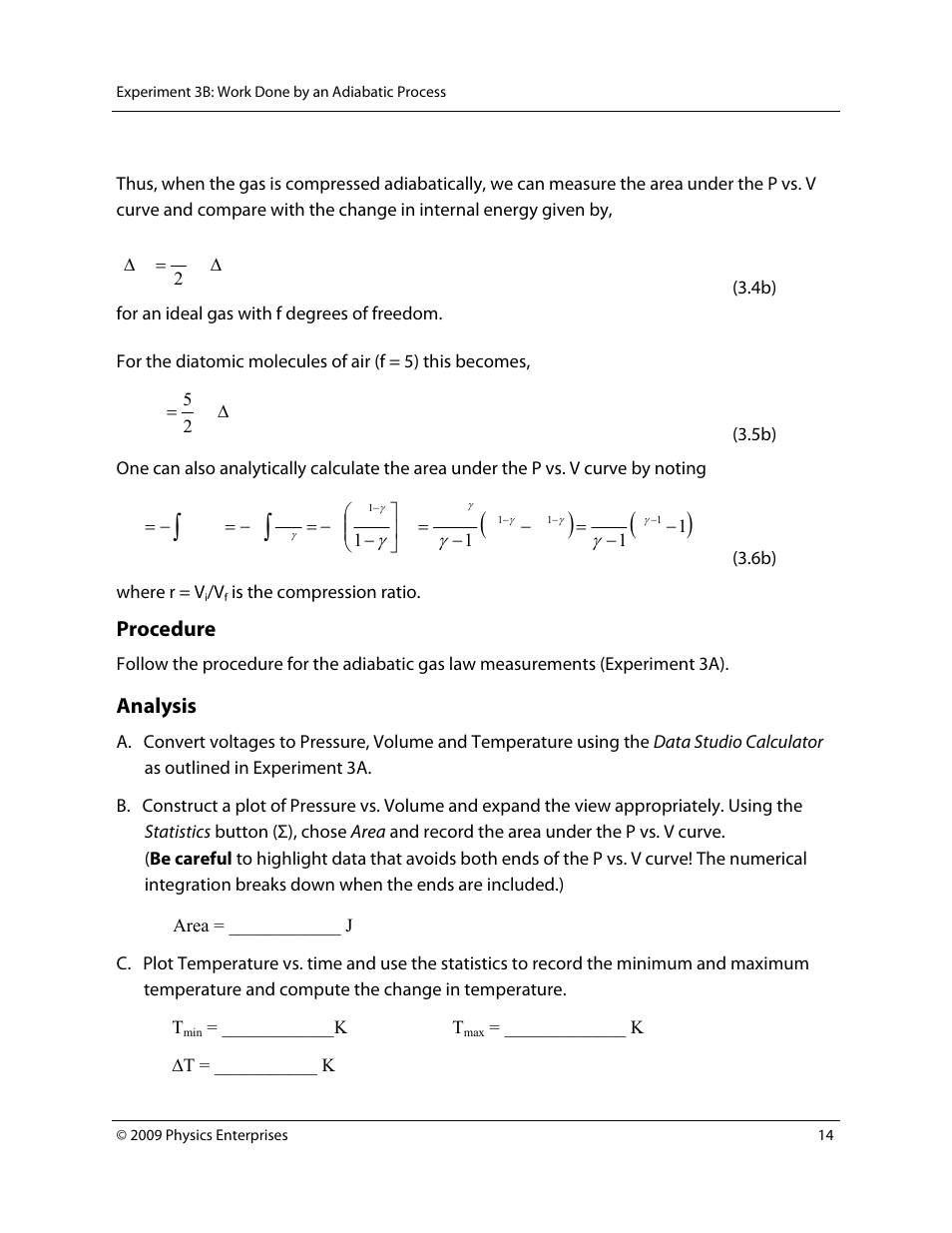 Procedure, Analysis | PASCO TD-8565 Adiabatic Gas Law Apparatus User Manual | Page 14 / 25