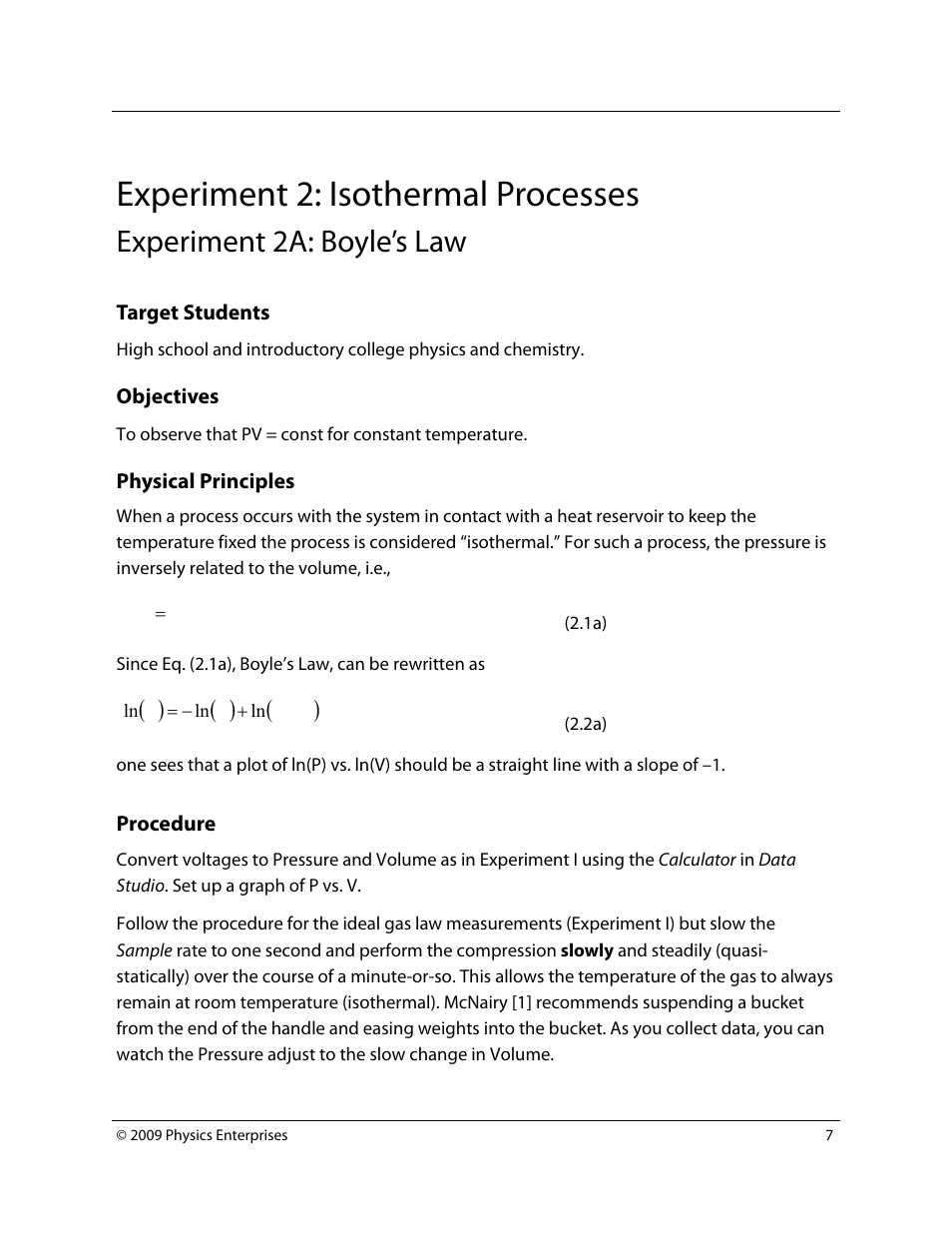 Experiment 2: isothermal processes, Experiment 2a: boyle’s law | PASCO TD-8565 Adiabatic Gas Law Apparatus User Manual | Page 7 / 25