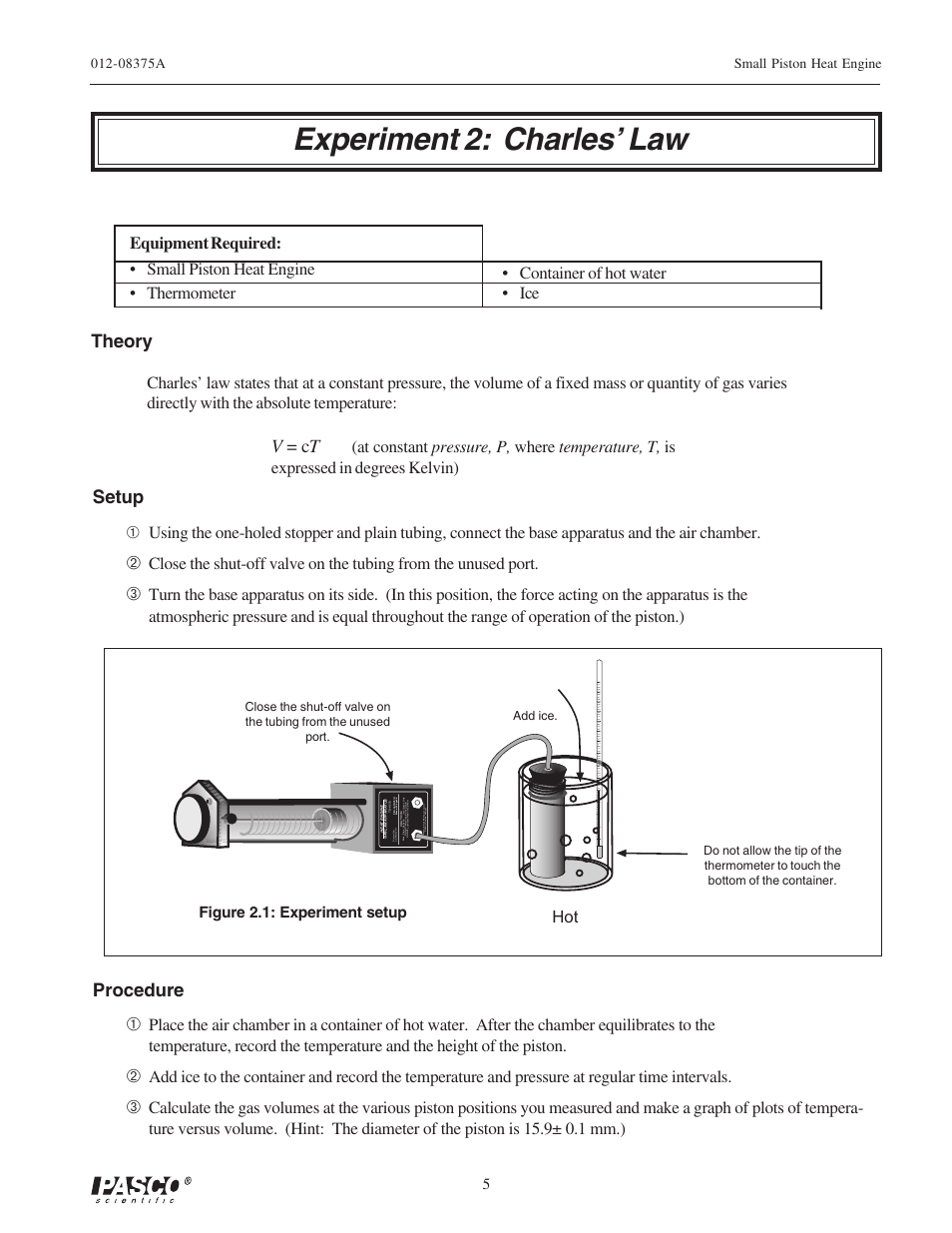 Experiment 2: charles’ law, V = c t, Theory setup procedure | Figure 2.1: experiment setup | PASCO TD-8592 SMALL PISTON HEAT ENGINE APPARATUS User Manual | Page 10 / 24