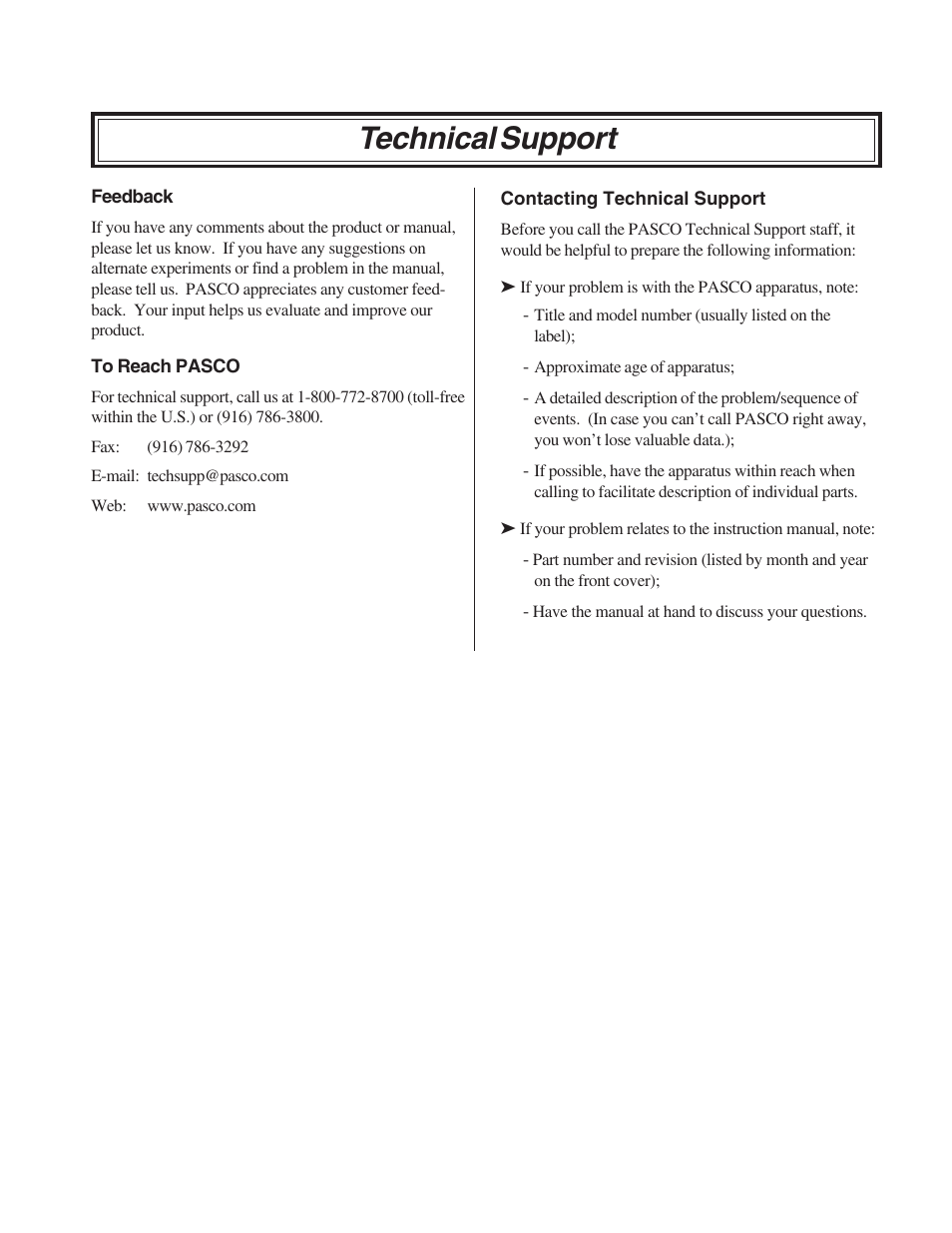 Technical support | PASCO TD-8592 SMALL PISTON HEAT ENGINE APPARATUS User Manual | Page 24 / 24