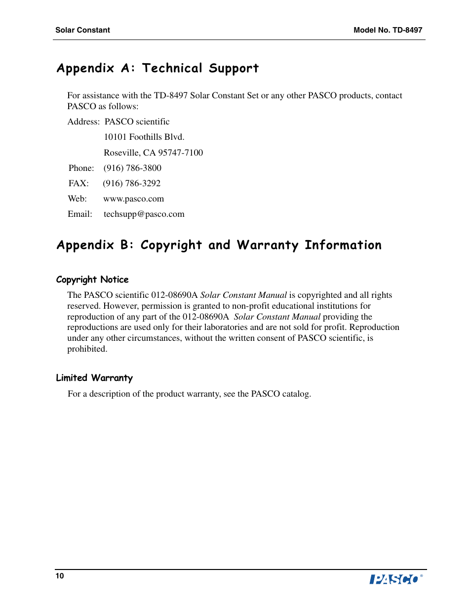 Appendix a: technical support, Appendix b: copyright and warranty information | PASCO TD-8497 Solar Constant User Manual | Page 11 / 11