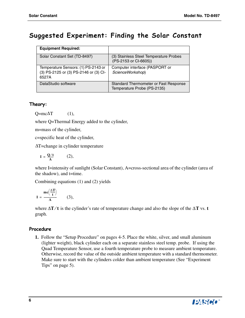 Suggested experiment: finding the solar constant | PASCO TD-8497 Solar Constant User Manual | Page 7 / 11