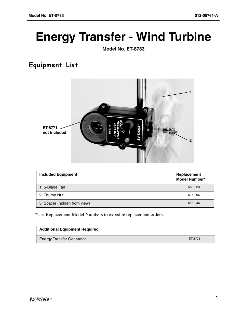 PASCO ET-8783 Energy Transfer - Wind Turbine User Manual | 2 pages