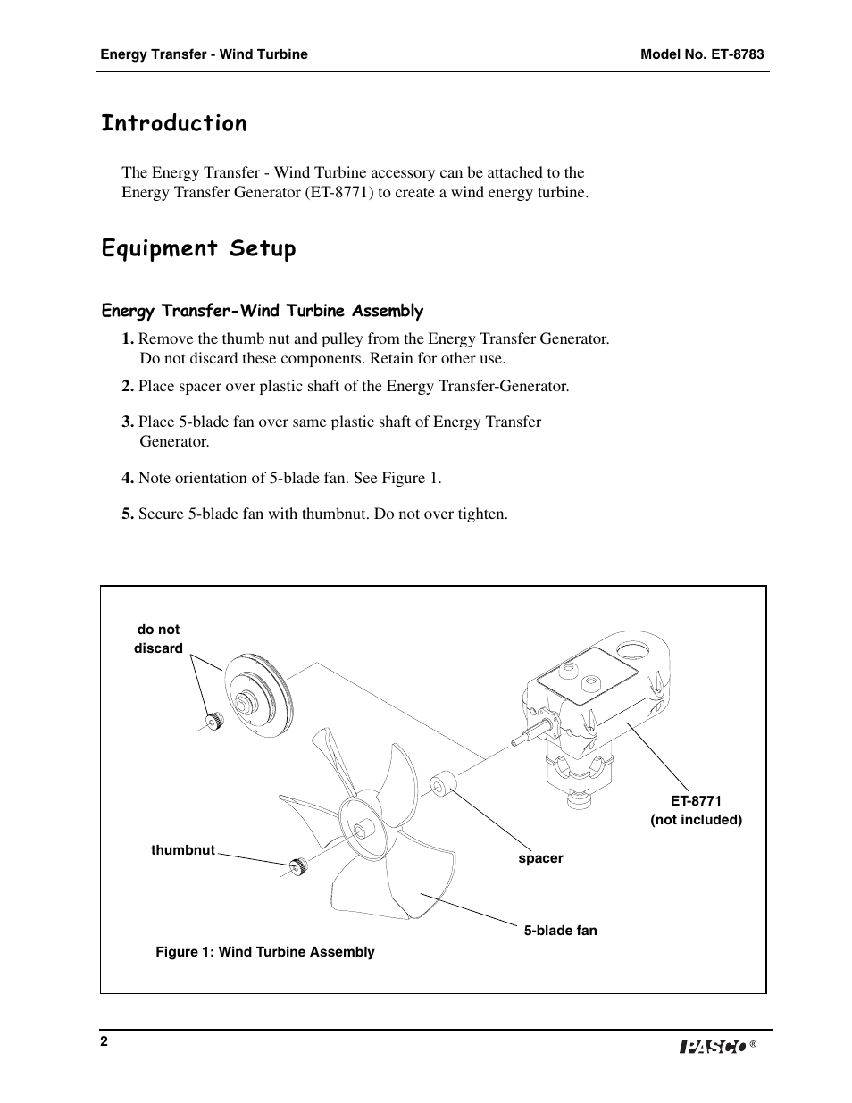 Introduction, Equipment setup | PASCO ET-8783 Energy Transfer - Wind Turbine User Manual | Page 2 / 2