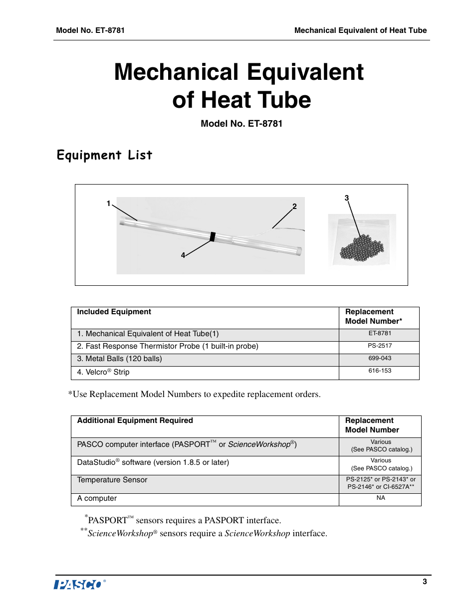 Mechanical equivalent of heat tube, Equipment list | PASCO ET-8781 Equivalent of Heat Tube User Manual | Page 4 / 10