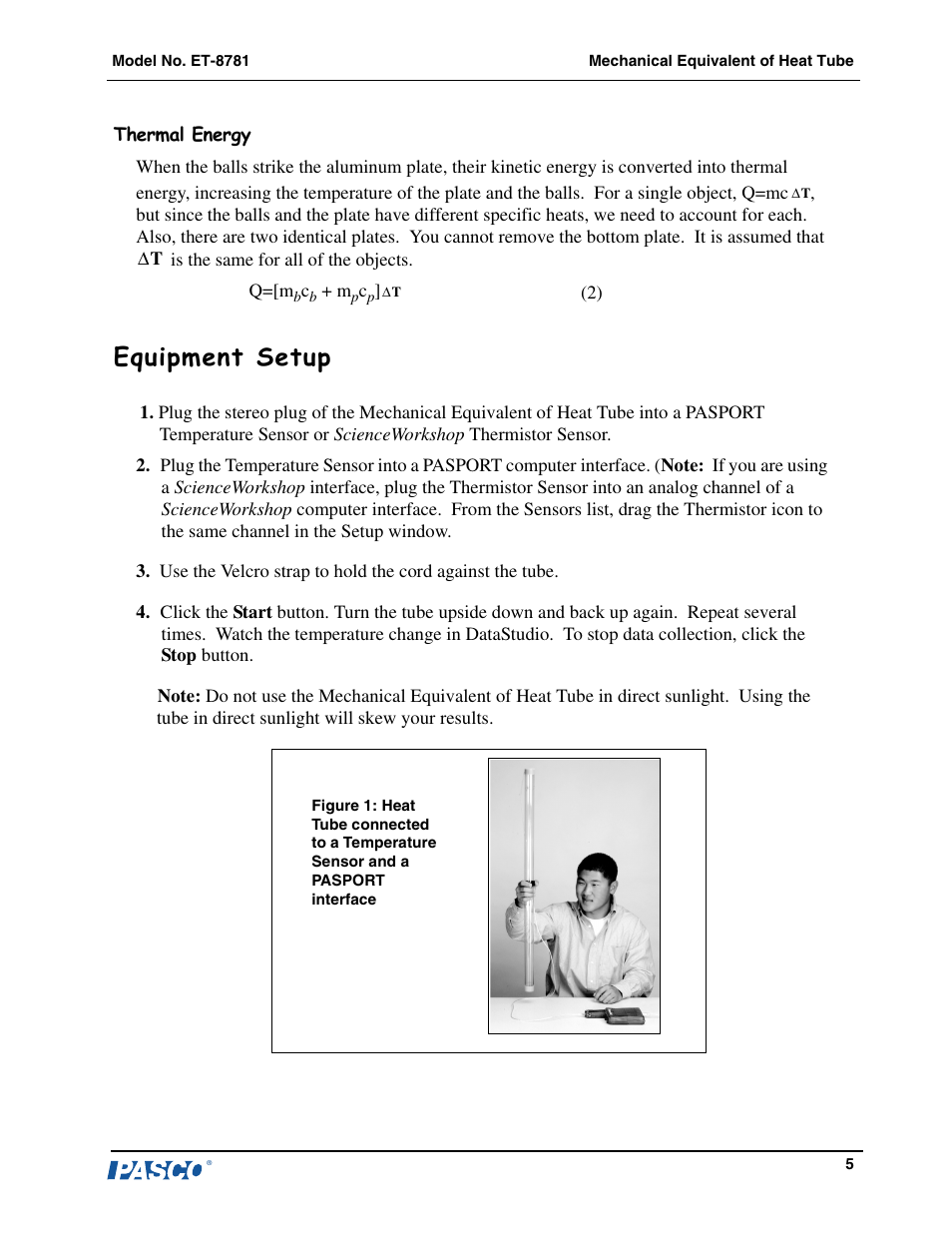 Equipment setup | PASCO ET-8781 Equivalent of Heat Tube User Manual | Page 6 / 10