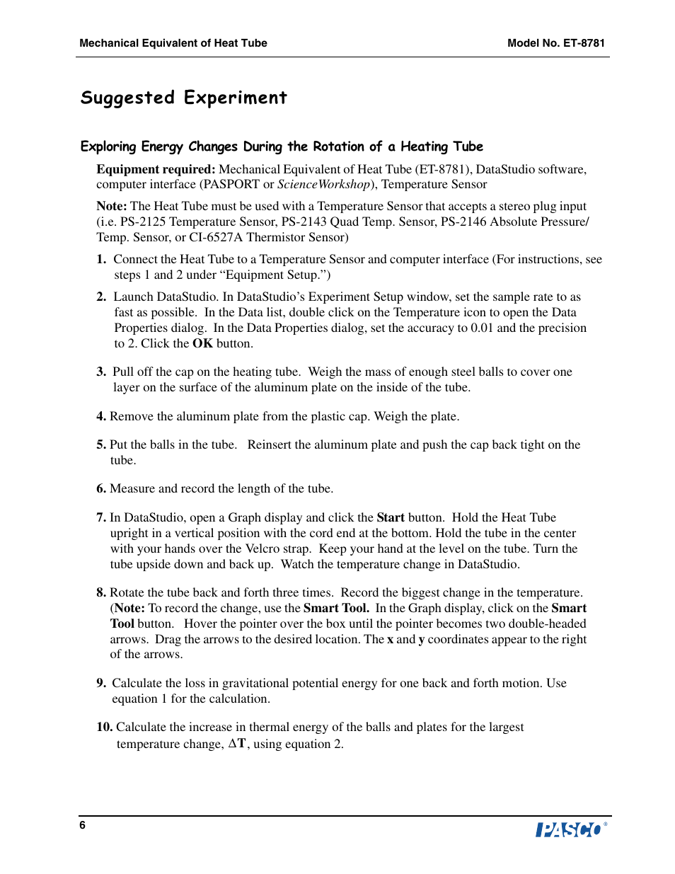 Suggested experiment | PASCO ET-8781 Equivalent of Heat Tube User Manual | Page 7 / 10