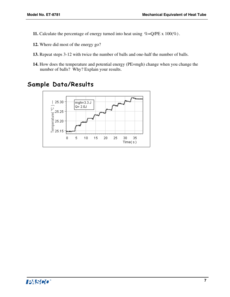 Sample data/results | PASCO ET-8781 Equivalent of Heat Tube User Manual | Page 8 / 10