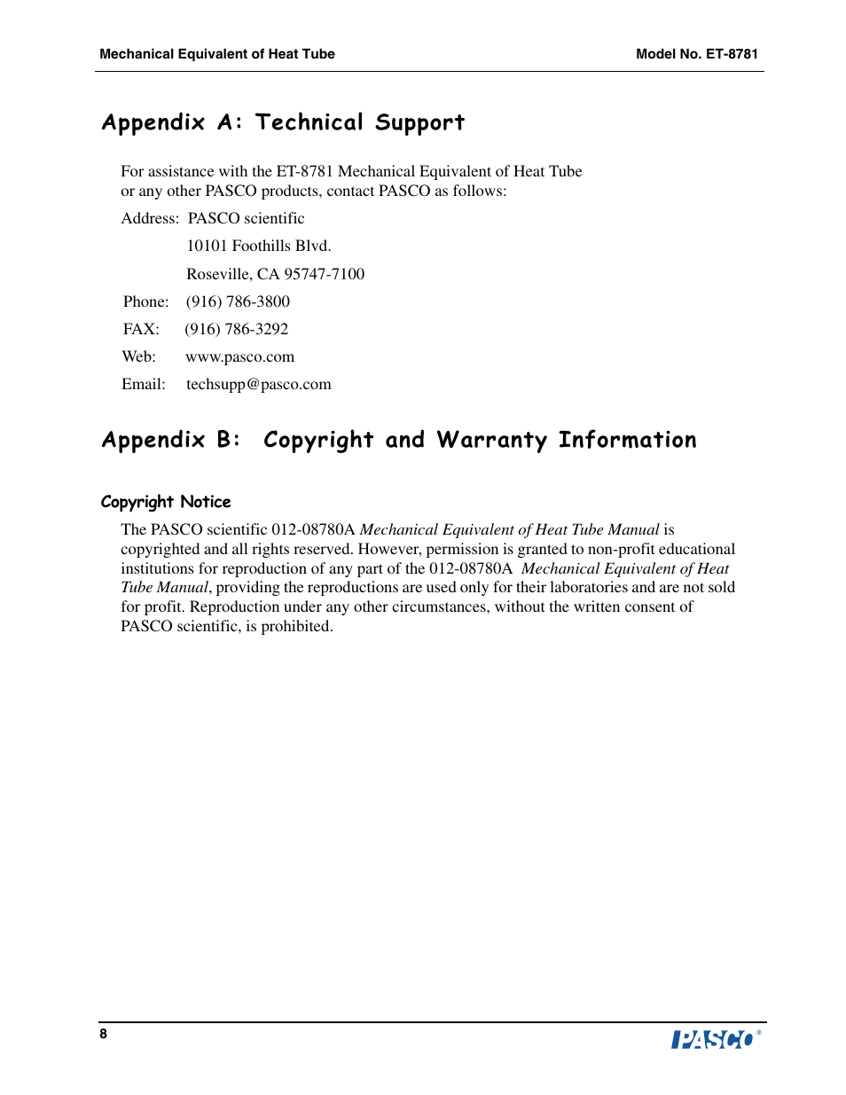 Appendix a: technical support, Appendix b: copyright and warranty information | PASCO ET-8781 Equivalent of Heat Tube User Manual | Page 9 / 10