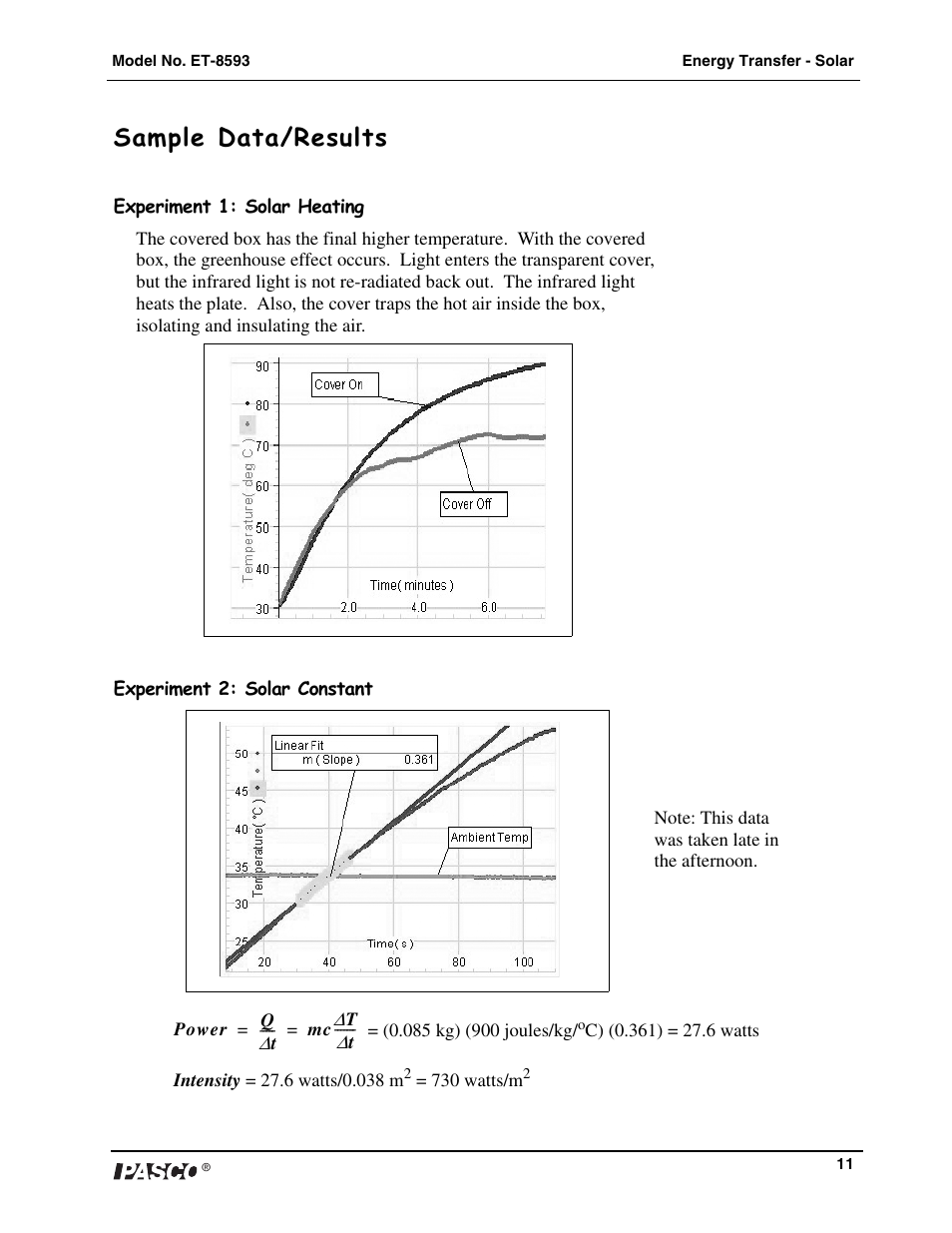 Sample data/results | PASCO ET-8593 Energy Transfer Solar User Manual | Page 12 / 14