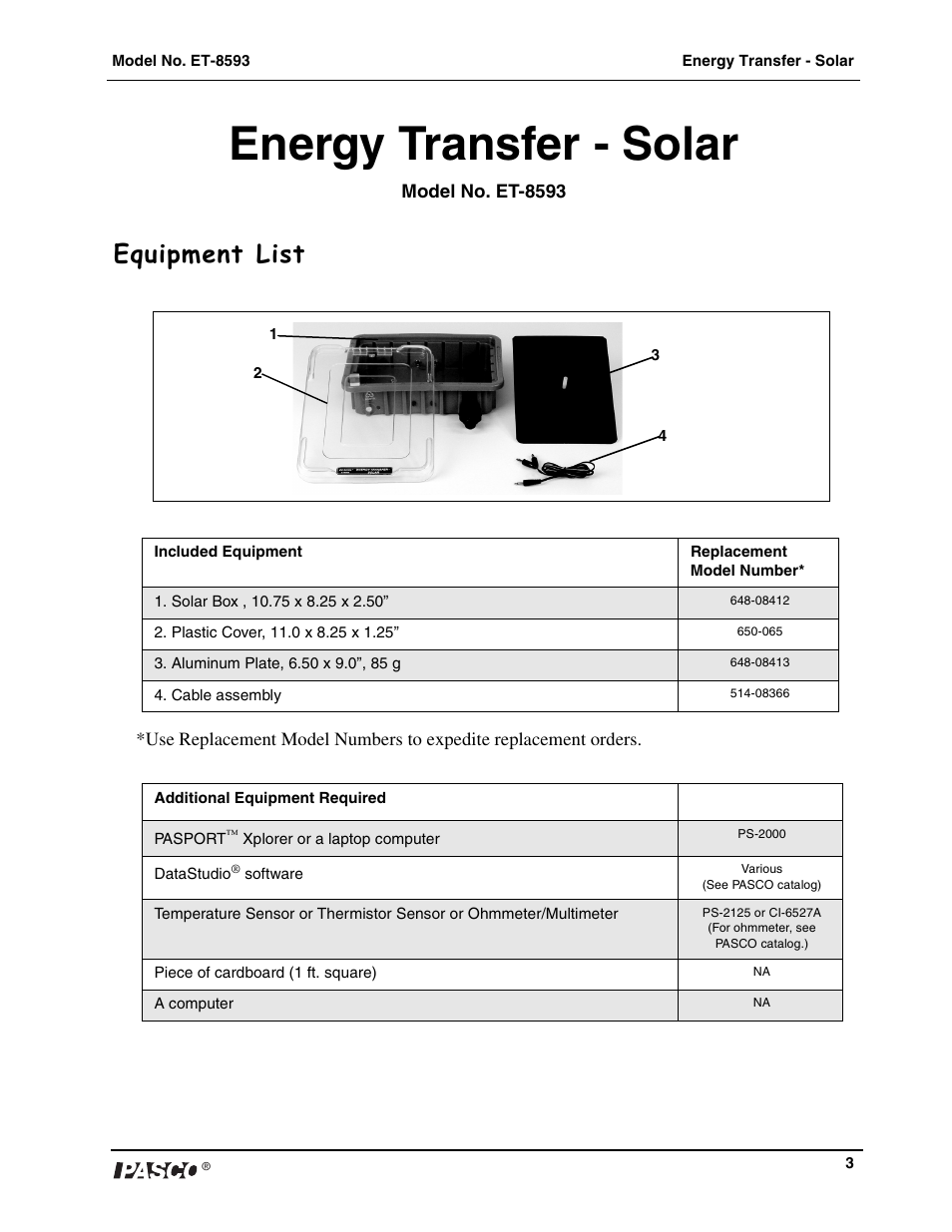 Energy transfer - solar, Equipment list | PASCO ET-8593 Energy Transfer Solar User Manual | Page 4 / 14