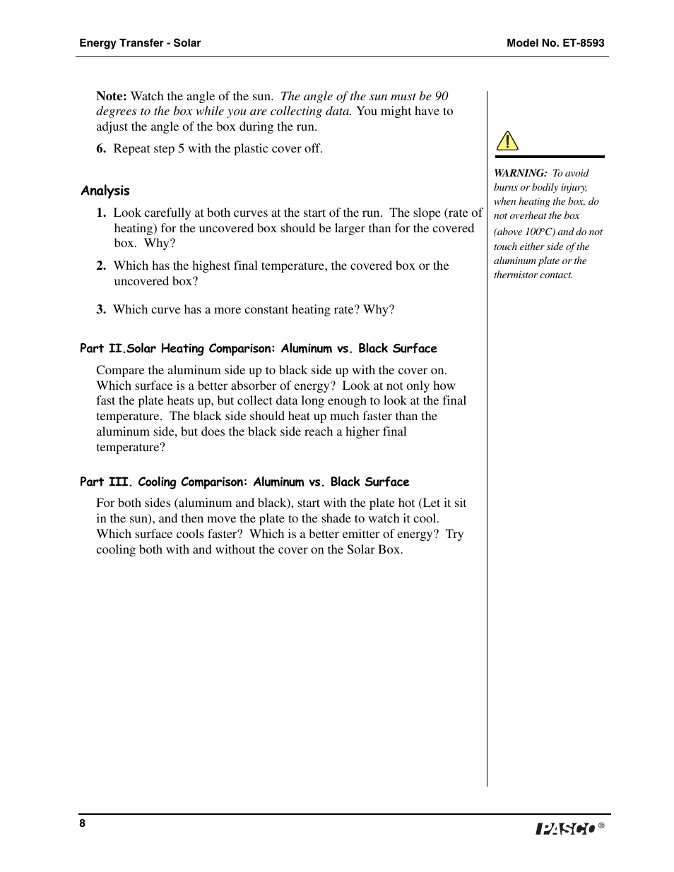 PASCO ET-8593 Energy Transfer Solar User Manual | Page 9 / 14