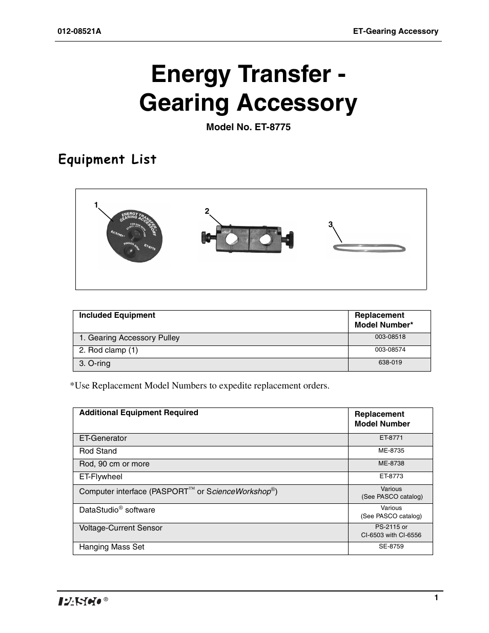 PASCO ET-8775 Energy Transfer - Gearing Accessory User Manual | 2 pages