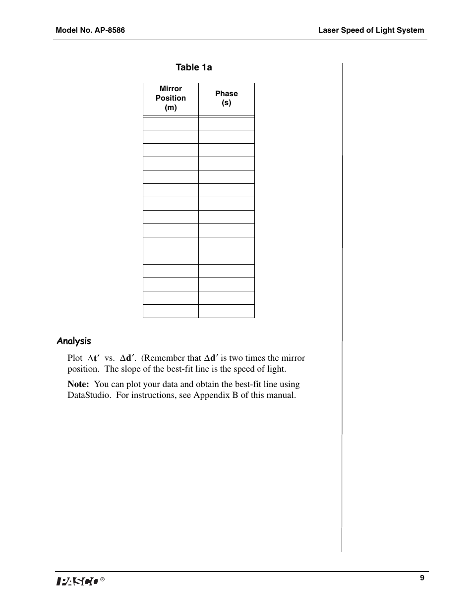 PASCO AP-8586 Laser Speed of Light Apparatus User Manual | Page 10 / 18