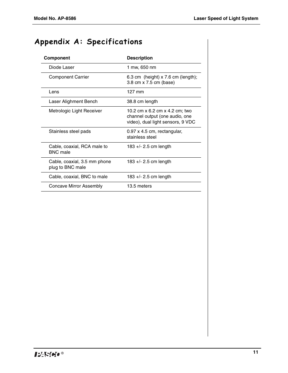 Appendix a: specifications | PASCO AP-8586 Laser Speed of Light Apparatus User Manual | Page 12 / 18